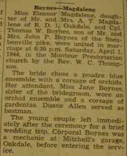 Marriage Notice for 
Thomas W. BOYNES to Eleanor Magdalene, 1 Apr 1944