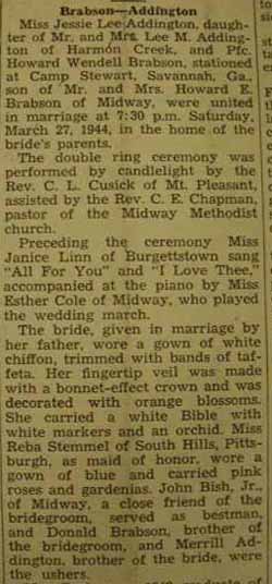 Part 1 Marriage Notice <b>
        </b>
Howard Wendell BRABSON to Jessie Lee Addington, 27 Mar 1944