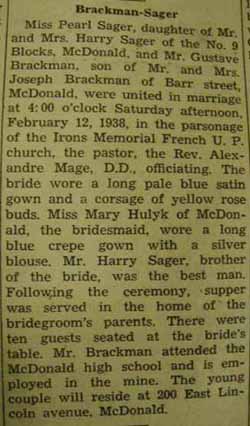 Marriage Notice for 
Gustave BRACKMAN to Pearl Sager, 12 Feb 1938
