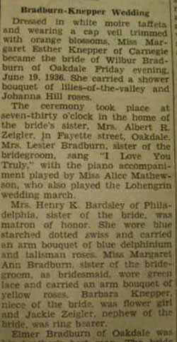 Part 1 Marriage Notice for Wilbur BRADBURN to Margaret Esther Knepper, 19 Jun 1936