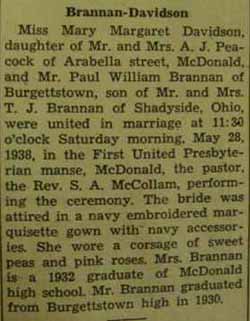 Marriage Notice for Paul William BRANNAN to Mary Margaret Davidson, 28 May 1938