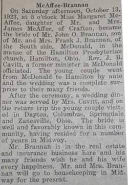 Marriage Notice for John O. BRANNAN to Margaret McAffee, 13 Oct 1923