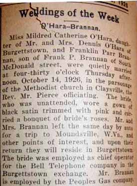 Marriage Notice for Franklin Parr BRANNAN to Mildred Catherine O'Hara, 14 Oct 1926