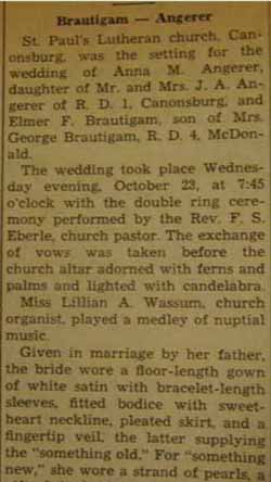 Part 1 Marriage Notice for BRAUTIGAM Elmer F. to Anna M. Angerer, 23 Oct 1946