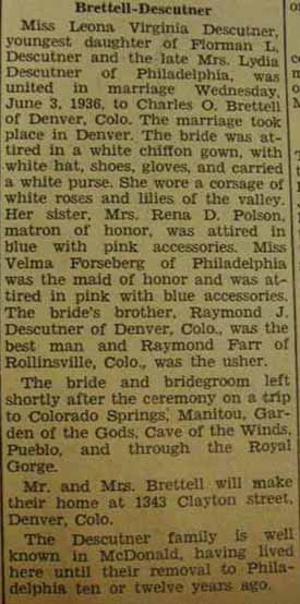 Marriage Notice for Charles O. BRETTELL to Leona Louise Descutner, 3 Jun 1936