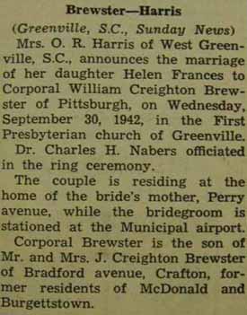 Marriage Notice for William Creighton BREWSTER to Helen Frances Harris, 20 Sep 1942