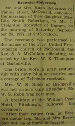 Marriage notice for J. Creighton BREWSTER to Lila Smith Robertson, 25 Sep 1937