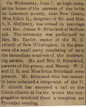 Marriage Notice for J. M. BRICELAND to Edith E. McCleary, 7 Jun 1905