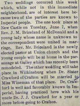 Marriage Notice for J. M. BRICELAND to Edith E. McCleary, 7 Jun 1905