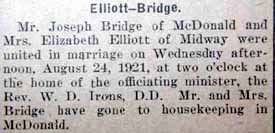 Marriage Notice for Joseph BRIDGE to Mrs. Elizabeth Elliott, 24 Aug 1921