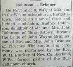 Part 1 Marriage Notice for John Wayne BRIMNER to Audrey Robinson, 8 Nov 1947