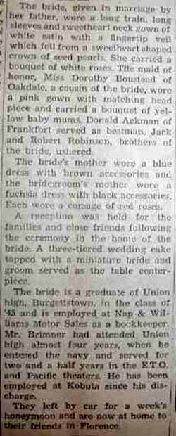 Part 2 Marriage Notice for John Wayne BRIMNER to Audrey Robinson, 8 Nov 1947