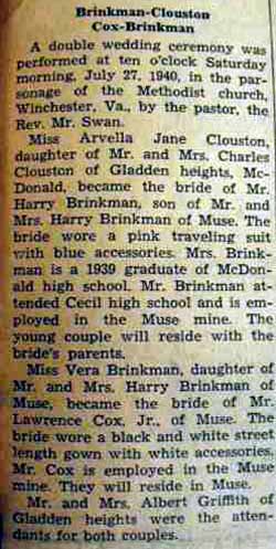 Harry BRINKMAN to Arvella Jane Clouston, 27 Jul 1940