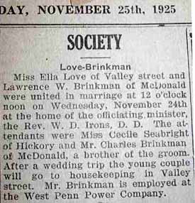 Marriage Notice for Lawrence W. BRINKMAN to Ella Love, 24 Nov 1925