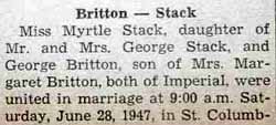 Part 1 Marriage Notice for George BRITTON to Myrtle Stack, 28 Jun 1947