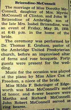 Part 1 Marriage Notice for John W. BRIZENDINE to Dorothy McConnell, 20 May 1938