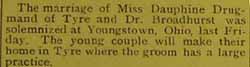 Marriage Notice for Dr. __ BROADHURST to Dauphine Drugmand, no date, in 9-27-1912 paper