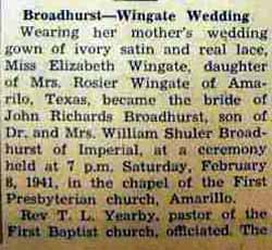 Part 1 Marriage Notice for John Richards BROADHURST to Elizabeth Wingate, 8 Feb 1941
