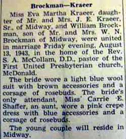 Marriage Notice for William BROCKMAN to Eva Martha Kraeer, 13 Aug 1943