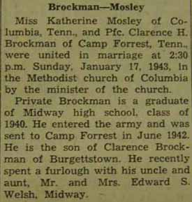 Marriage Notice for Clarence H. BROCKMAN to Katherine Mosley, 17 Jan 1943