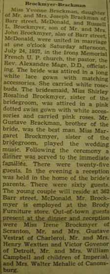Marriage notice for Russell L. BROCKMYER to Yvonne Brackman, 24 Jul 1937