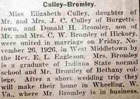 Marriage Notice for Donald H. BROMLEY to Elizabeth Culley, 26 Nov 1926