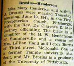 Marriage notice for Arthur J. BROSIUS to Mary Henderson, 19 Jun 1941