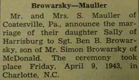 Marriage Notice for Ben B. BROWARSKY to Sally Mauller, 9 Apr 1943