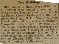 Marriage Notice for Fernald J. BROWETT to Pauline L. Masquelier, 3 Jun 1914