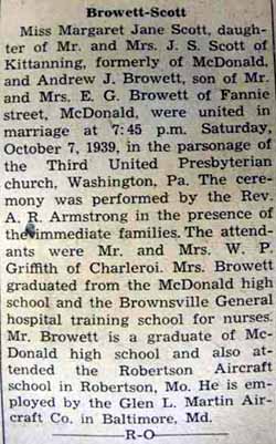 Marriage Notice for 
Andrew J. BROWETT to Margaret Jane Scott, 7 Oct 1939