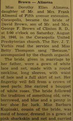 Part 3 Marriage Notice for David BROWN to Dorothy Ellen Alimena, 24 Aug 1946