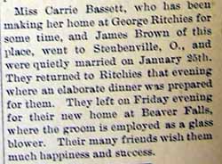 Marriage Notice for James BROWN to Carrie BASSETT, Jan. 25, 1906
