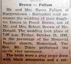 Part 1 Marriage Notice for Frank BROWN to Donna Fullum, 31 Oct 1947