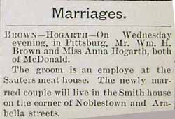 Marriage Notice for Wm. H. BROWN to Anna Hogarth, no date, in 11-12-1892 paper