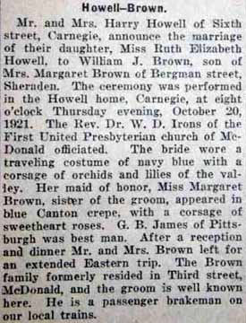 Article 2 Marriage Notice for William J. BROWN to Ruth Elizabeth Howell, 29 Oct 1921