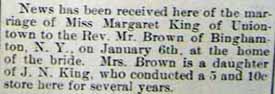 Marriage Notice for Rev. ___ BROWN to Miss Margaret KING January 6th, 1913