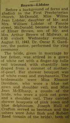 Part 1 Marriage Notice for Elmer BROWN to Wilma Jean Lidster, 11 Aug 1943