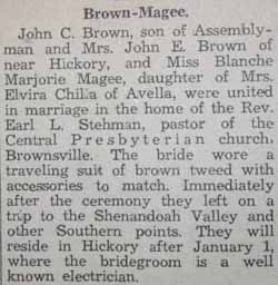 Marriage Notice for John C. BROWN to Blanche Marjorie Magee, no date, in 10-26-1934 paper