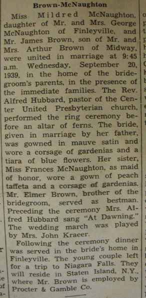 Marriage Notice for James BROWN to Mildred McNaughton, 20 Sep 1939