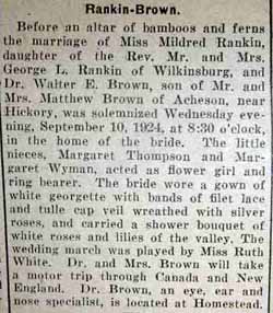 Marriage Notice for Walter E. BROWN to Mildred Rankin, 10 Sep 1924