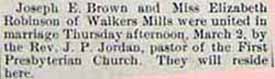 Marriage Notice:  Joseph E. BROWN to Miss Elizabeth ROBINSON, March 2, 1911