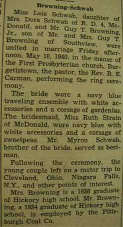 Marriage Notice for  Guy T. BROWNING, Jr. to Lois Schwab, 10 May 1940