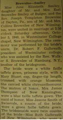 Part 1 Marriage Notice for Joseph Templeton BROWNLEE to Jane Elizabeth Smiley, 5 Oct 1940
