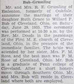 Marriage Notice for Willard F. BUB to Ruth Grace Grumling, 29 Jun 1935
