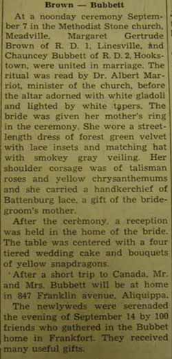 Marriage Notice for Chauncey BUBBETT to Margaret Gertrude Brown, 7 Sep 1946
