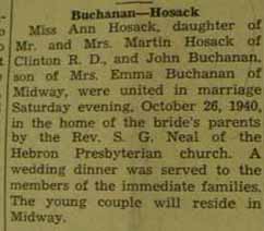 Marriage Notice for 
John BUCHANAN to Ann Hosack, 26 Oct 1940