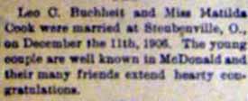 Marriage Notice for Leo C. BUCHHEIT to Matilda Cook, 11 Dec 1906