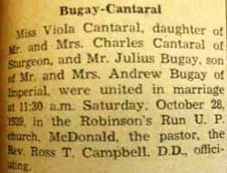 Marriage Notice for 
Julius BUGAY to Viola Cantaral, 28 Oct 1939