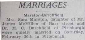 Marriage Notice for M. C. BURCHFIELD to Mrs. Sara Marston, 26 Feb 1927