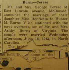 Marriage Notice for Hunter M. BURNS to Henrietta Cerezo, 16 Jun 1943
